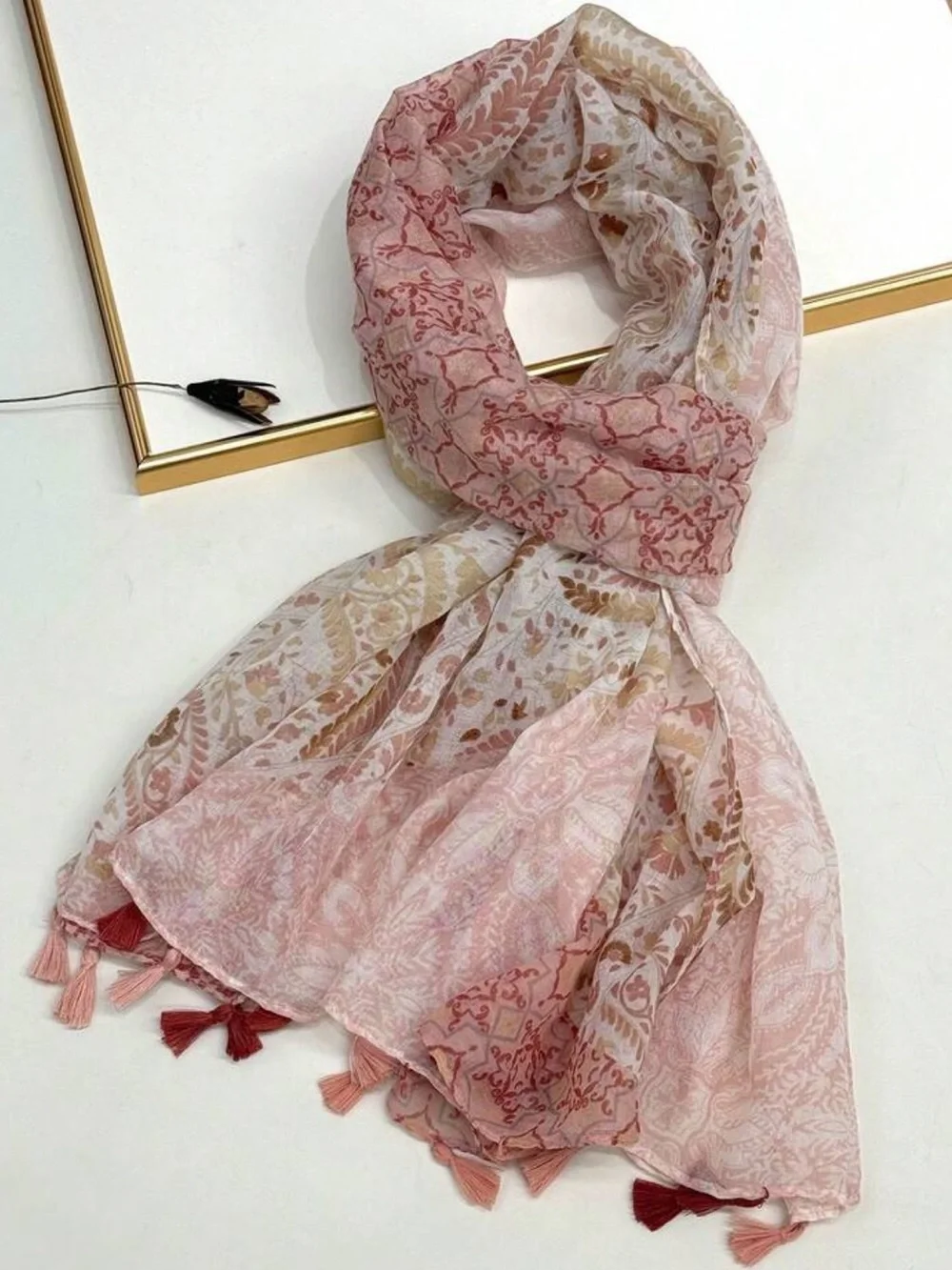 Baby Pink Floral & Tassel Lightweight Scarf - Women Accessories